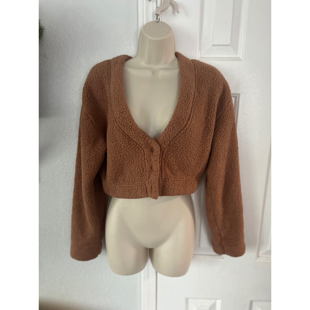 Pink Victoria's Secret Sherpa Fleece Cropped Cardigan Brown Medium Teddy Sweater